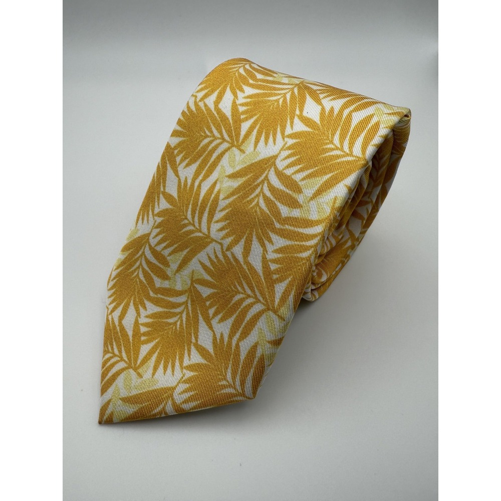 Bar III Tie Mens Yellow White Palm Leaf Print Slim Modern Floral Wedding Party